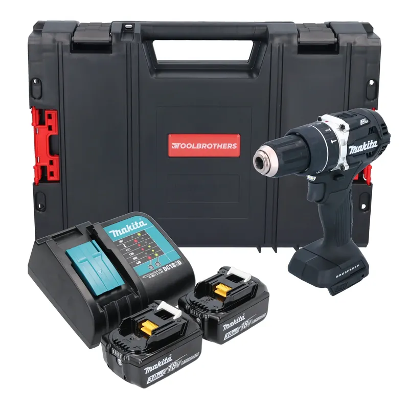 Makita DHP 484 SFJB-R Akku Schlagbohrschrauber 18 V 54 Nm Brushless Schwarz + 2x Akku 3,0 Ah + Ladegerät + RHINO Sonderangebot