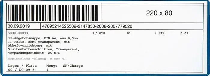 Neuheit EICHNER Etikettentasche B220xH80mm ( 9000451045 )