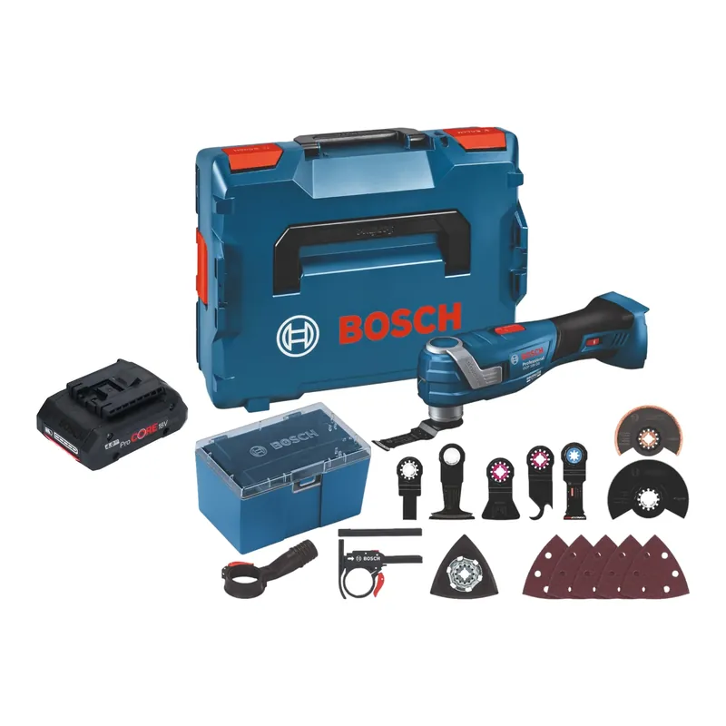 Preisknaller Bosch GOP 18V-34 Professional Akku Multi Cutter 18 V Starlock Plus + 1x ProCore Akku 4,0 Ah + 17 tlg. Zubehör + L-Boxx - ohne Ladegerät