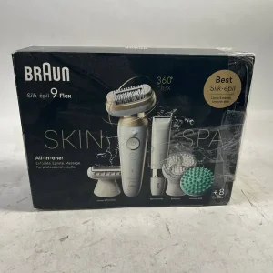 Jetzt Kaufen BRAUN Silk-épil 9 Flex 9-100 Beauty-Set Epilierer Damen / Haarentferner + FaceSpa Gesichtsreinigungsbürste + 9 Aufsätze + Tasche weiß / gold - Neuwertig