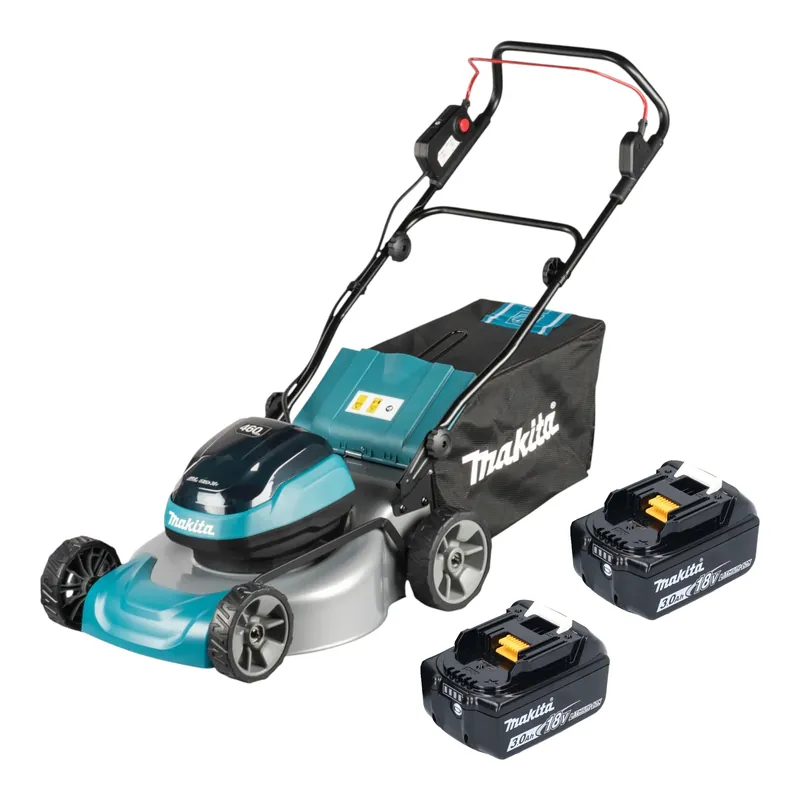 Makita DLM 466 F2 Akku Rasenmäher 36 V ( 2x 18 V ) 46 cm Brushless + 2x Akku 3,0 Ah - ohne Ladegerät Sale