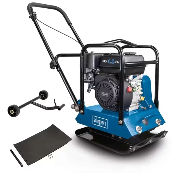 Benzin Rüttelplatte HP1200S Scheppach - 5,6PS | 15kN Verdichtungsdruck | 25cm Verdichtungstiefe | 25m/min Vorlauf | inkl. Gummimatte & Fahrvorrichtung Ausverkauf