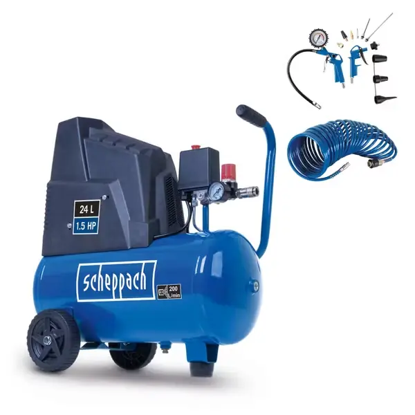 Kompressor HC30o Scheppach - 8bar | 24 L | ölfrei | 200l/min | inkl. 5m Schlauch & Zubehörset Knallerangebot