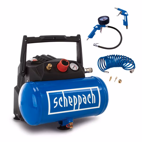Neue Ware Kompressor HC06 Scheppach - 8 bar | 6L Kessel | ölfrei | inkl. 5-tlg. Zubehör & 5m Schlauch