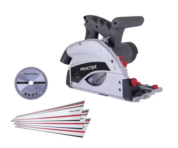 Tauchsäge PX-TS-55 Practixx - 1200W | 55mm Schnitttiefe | 0-45° Schrägstellung | Kippschutz | inkl. 3x 500mm Führungsschienen & 2. Sägeblatt (24Z/48Z) Geprüft