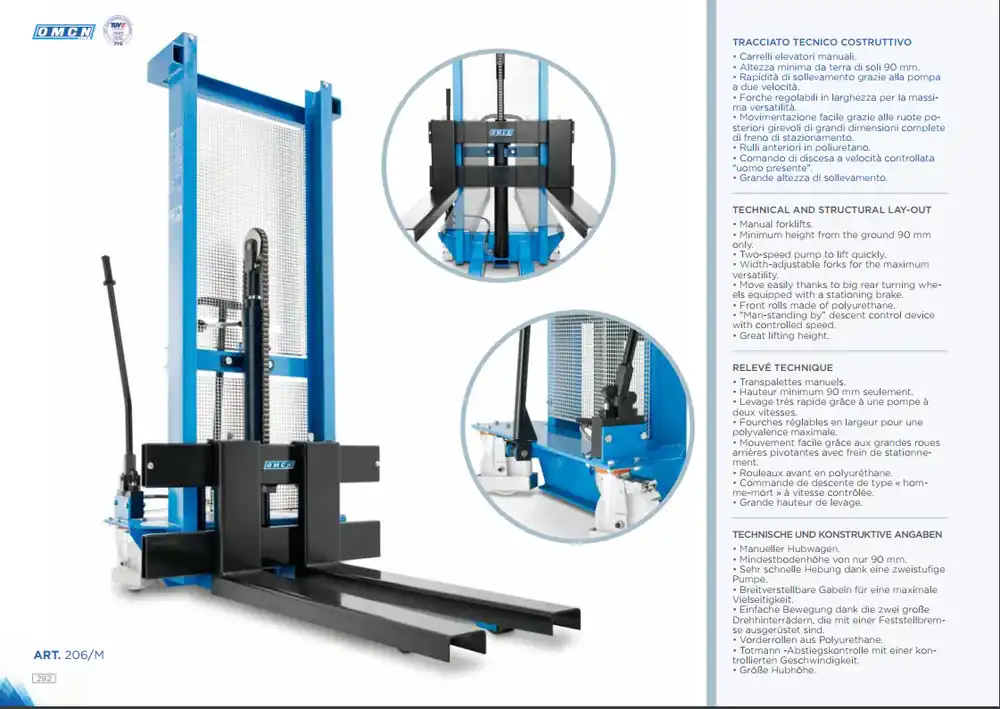 Sofort Bestellen Muletto elevatore idraulico OMCN da 500 a 1000kg.