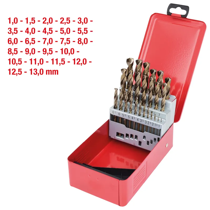 Ausverkauf HSS-G Co 5 Spiralbohrer-Satz, Stahlblechkassette, 25-tlg, 1-13mm