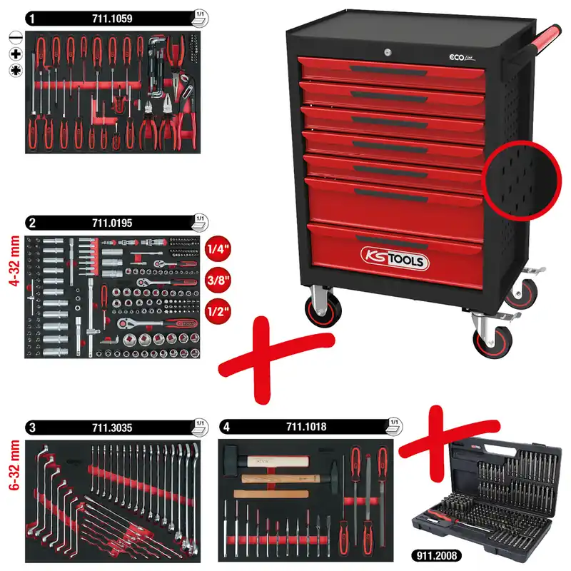 ECOline SCHWARZ/ROT Werkstattwagen mit 7 Schubladen und 515 Premium-Werkzeugen Top-Seller